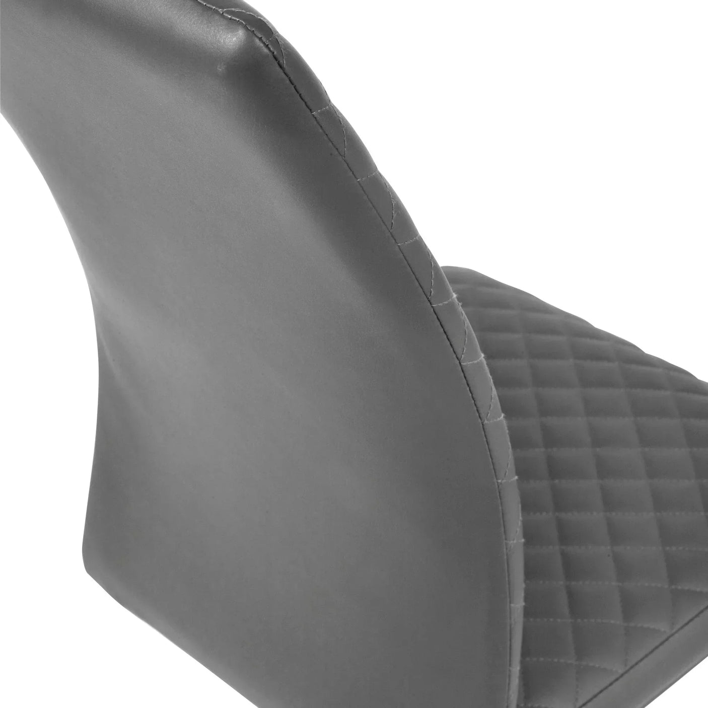 Grey dining chair with quilted seat detail and smooth faux leather backrest