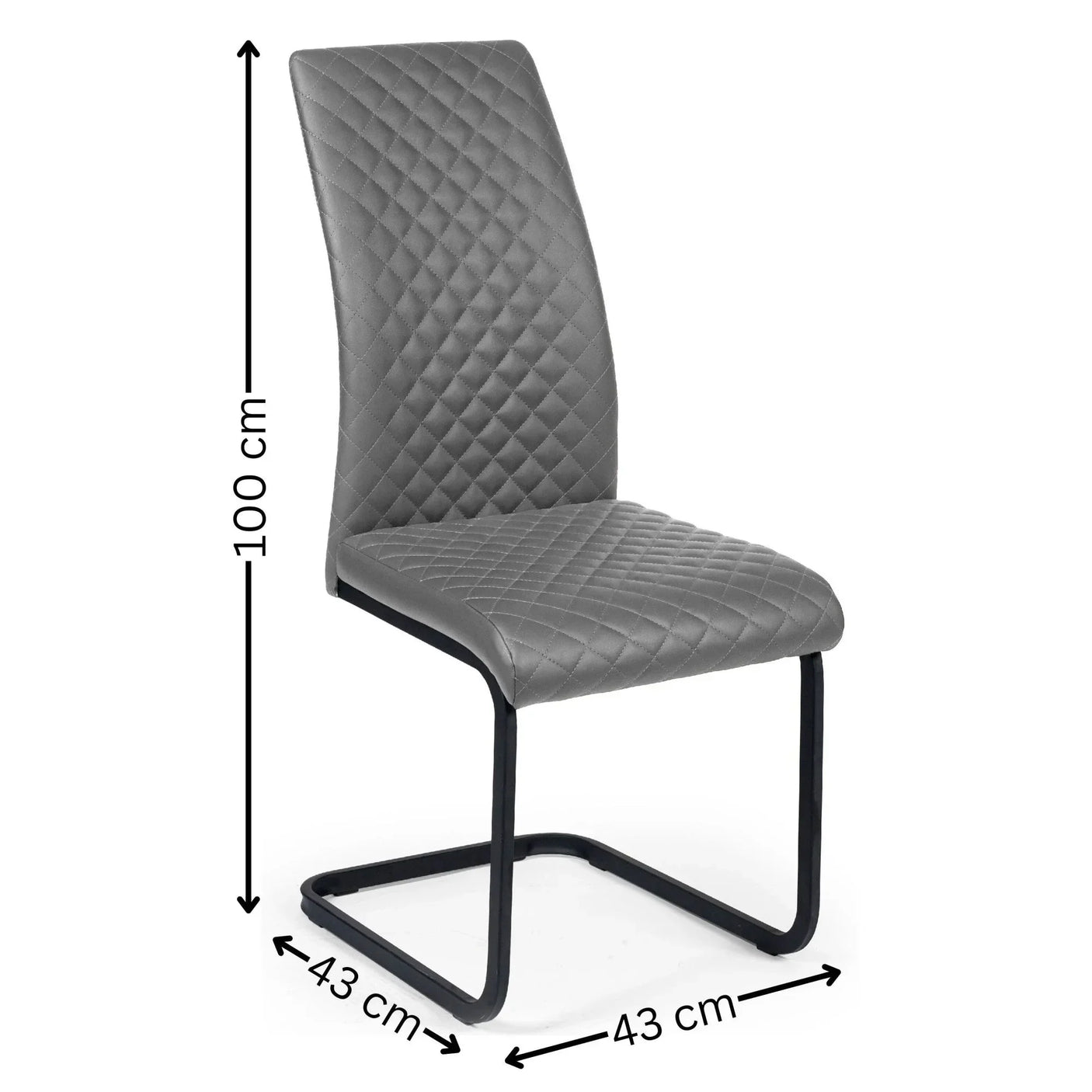 Grey dining chair with quilted seat, black cantilever frame, and visible dimensions