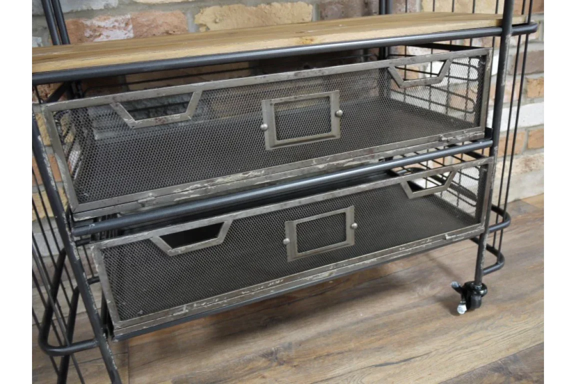 Industrial metal storage unit with mesh drawers and wooden top on caster wheels