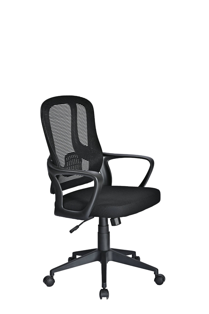 Black mesh ergonomic task chair with curved backrest, padded seat, armrests and caster wheels.