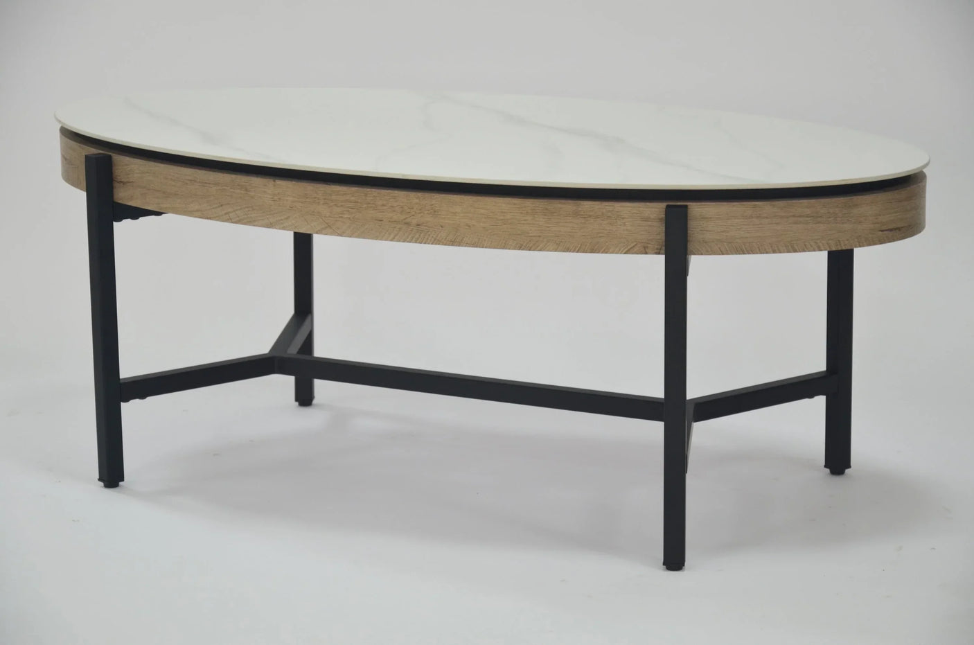 Oval coffee table with white marble top, wood sides and black metal legs