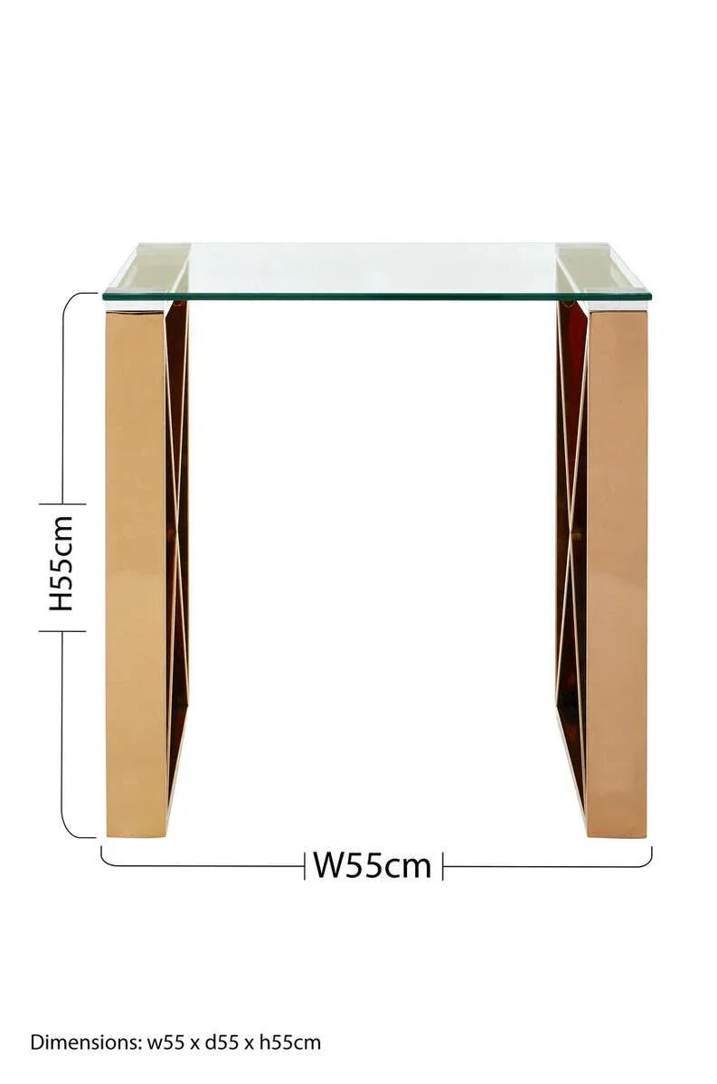 Glass top side table with gold metal legs, geometric design, 55x55x55cm, front view