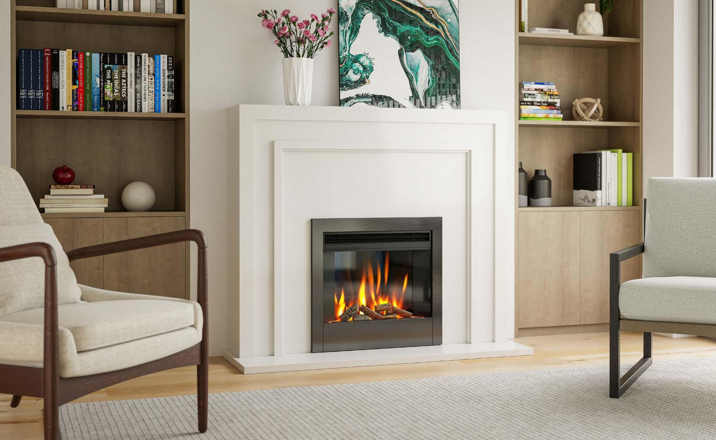 Modern electric fireplace set in white mantle with bookshelves and contemporary armchairs