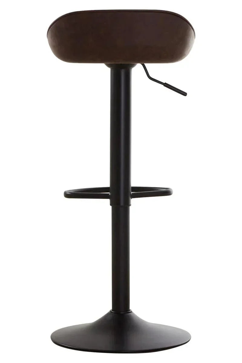 Brown bar stool with black metal base and footrest, rear view