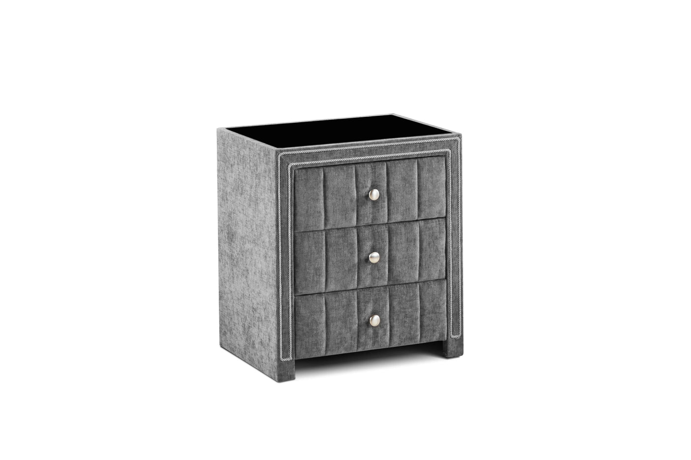 Grey fabric bedside cabinet with three drawers and silver handles, front angle view