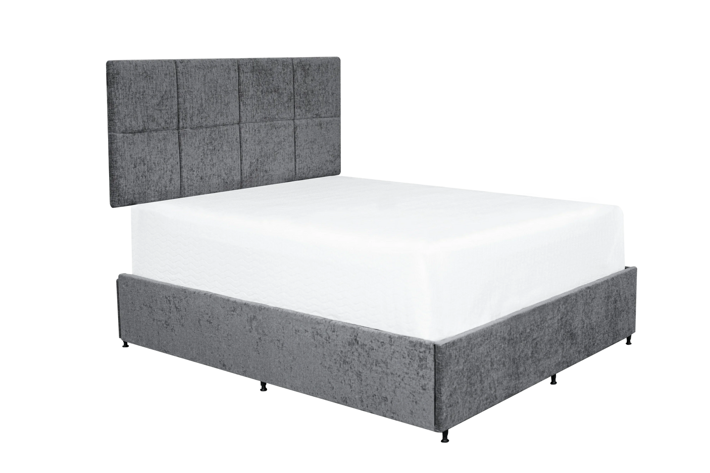 Grey fabric bed frame with padded headboard and white mattress, angled side view