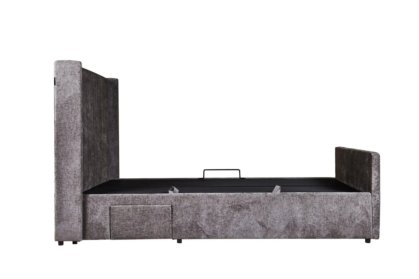 Grey upholstered bed frame with high wingback headboard and built-in storage drawer