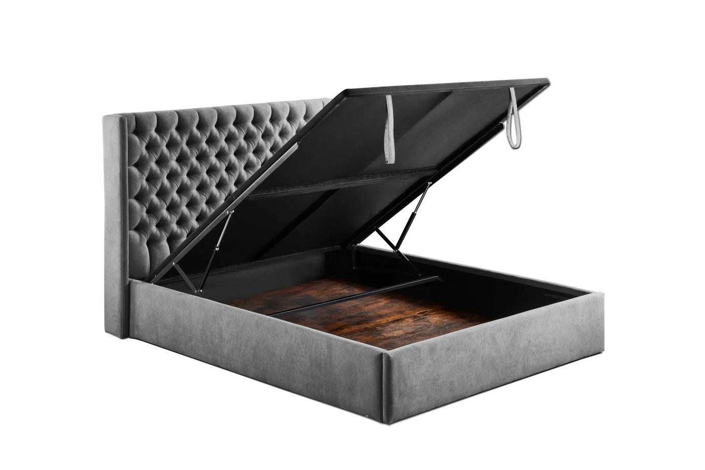 Grey upholstered storage bed with tufted headboard and open ottoman lift mechanism