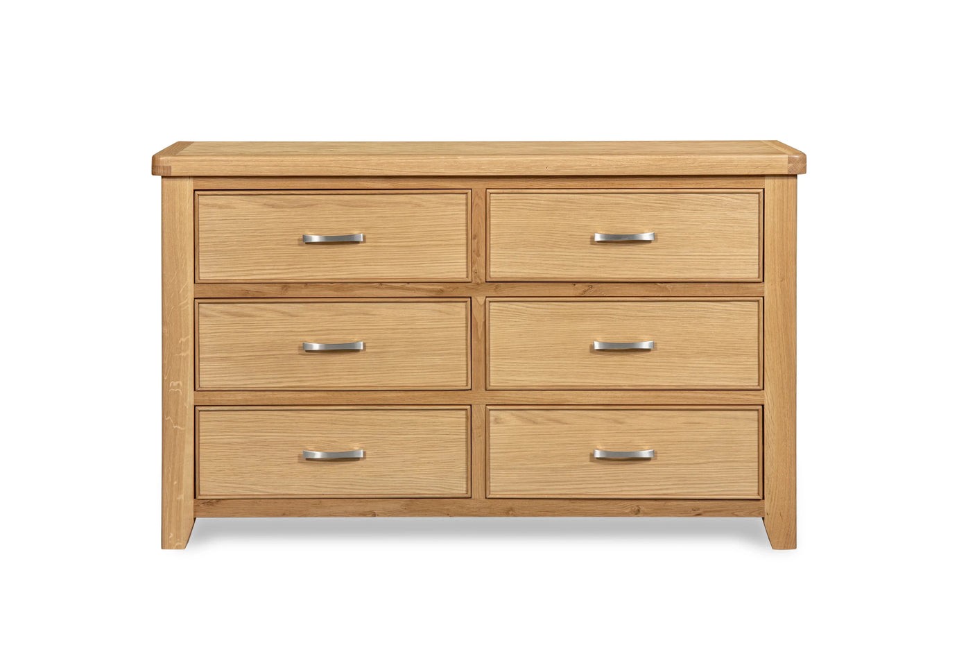 Oak chest of drawers with six compartments and silver handles, front view