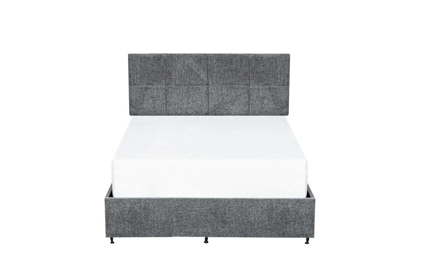 grey fabric bed frame with square paneled headboard and white mattress, front view