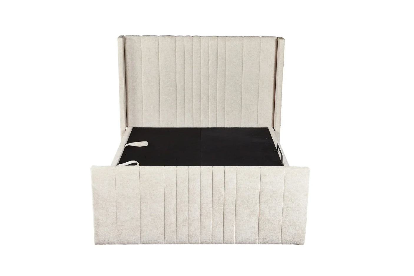 Beige upholstered ottoman storage bed with vertical panel headboard, open for storage access
