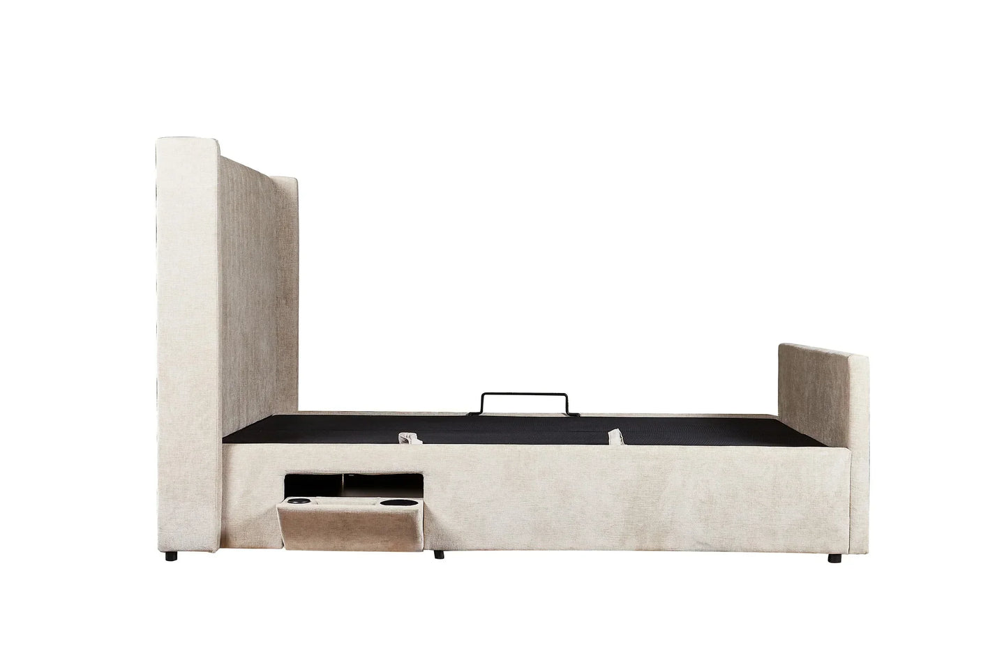 Side view of upholstered bed frame with hidden storage and built-in cup holders