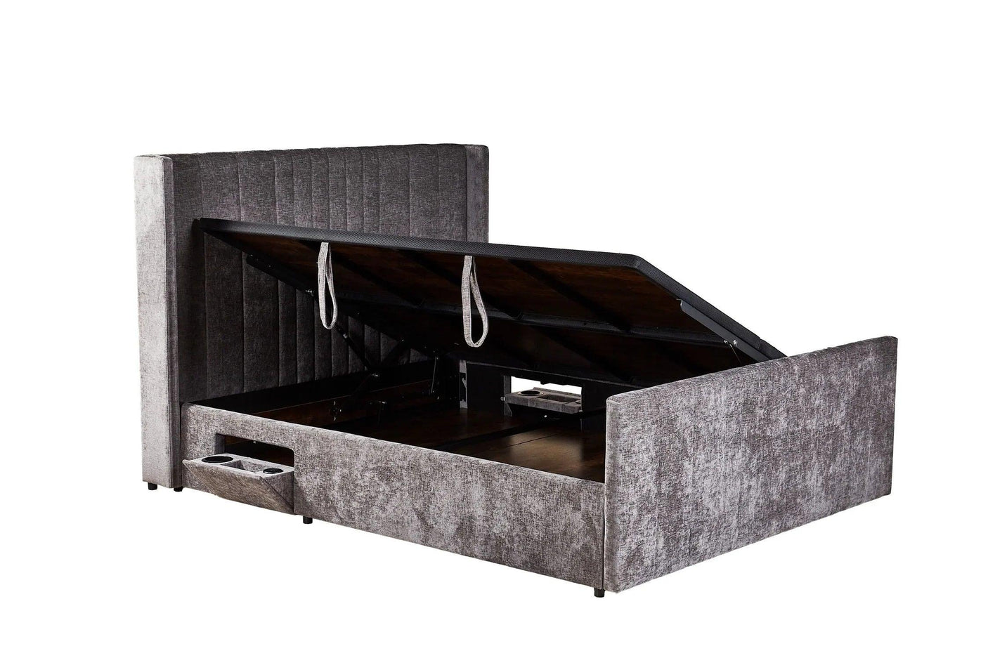 Grey fabric ottoman storage bed with high headboard and open lift-up base
