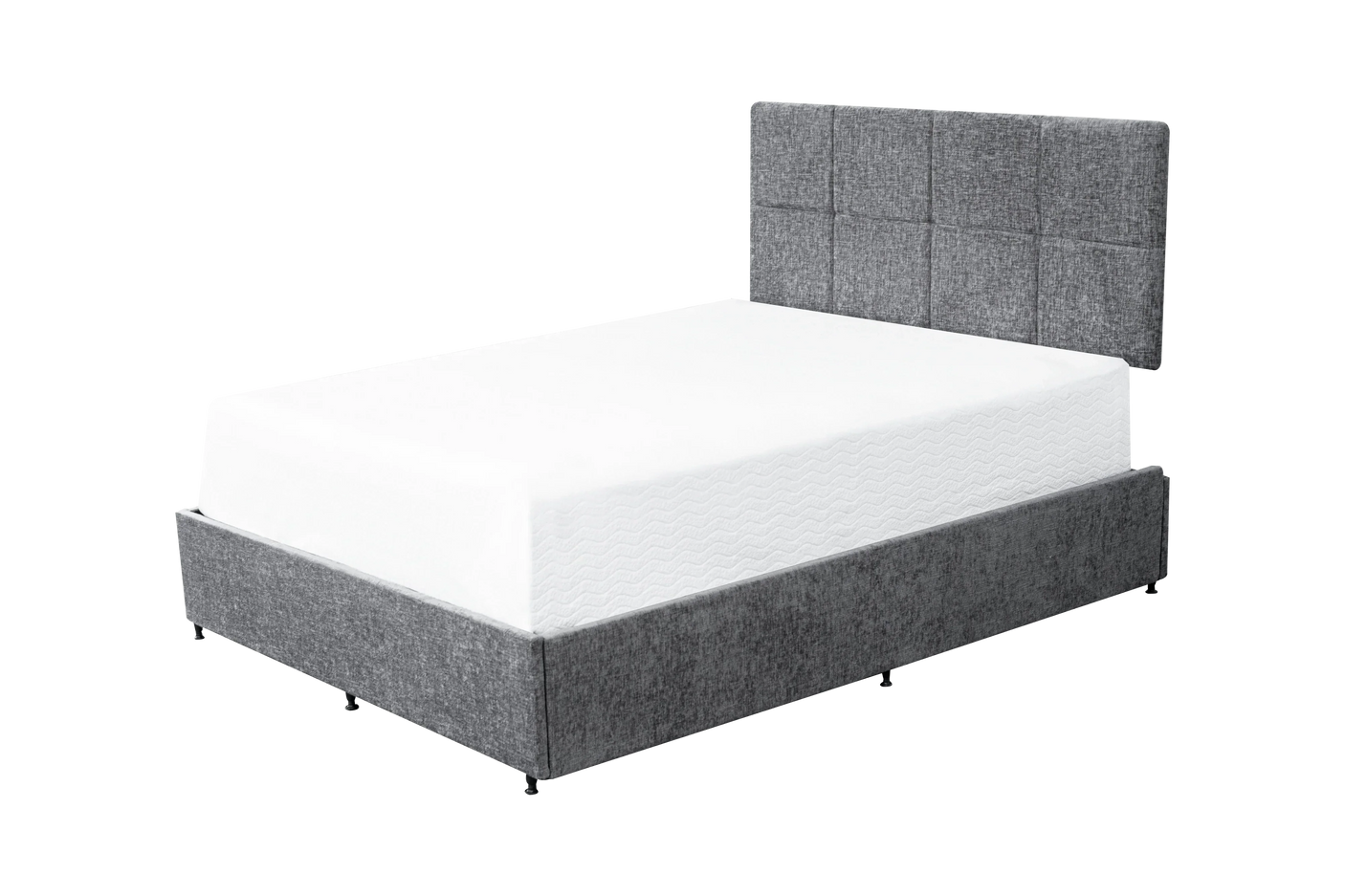 Grey fabric bed frame with panelled headboard and white mattress, side angle view