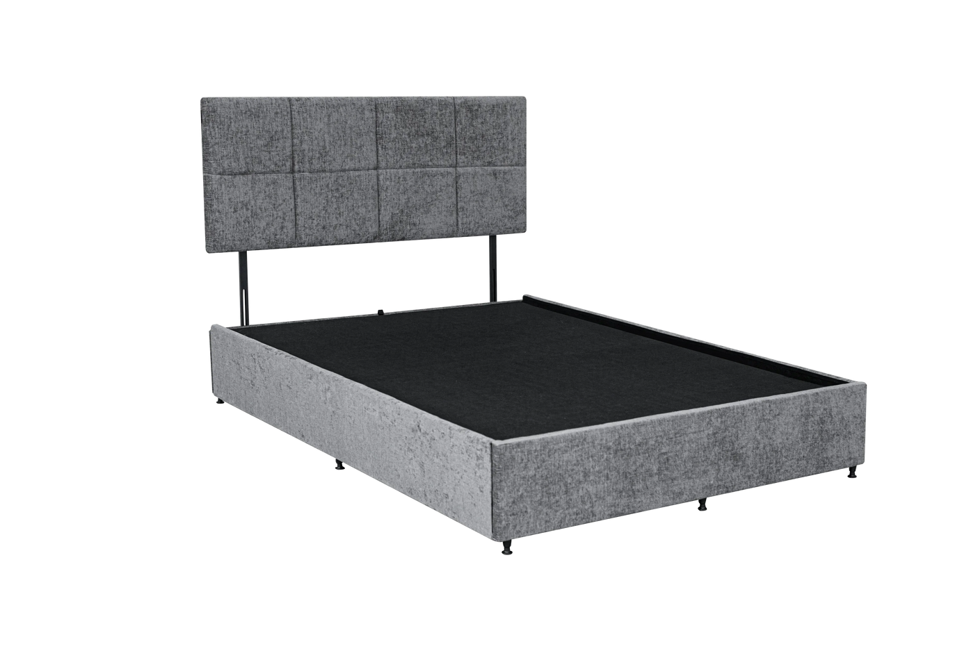 Grey upholstered bed frame with square panel headboard and low footend