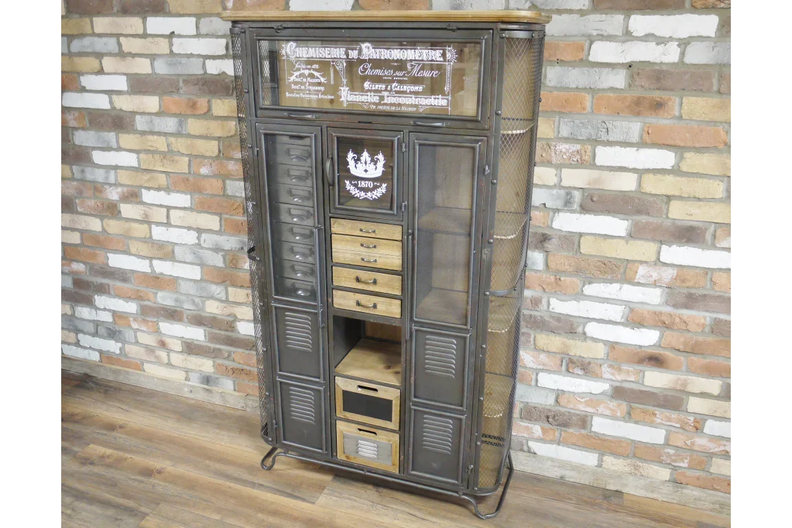 Industrial metal and wood storage cabinet with glass display panels and multiple drawers