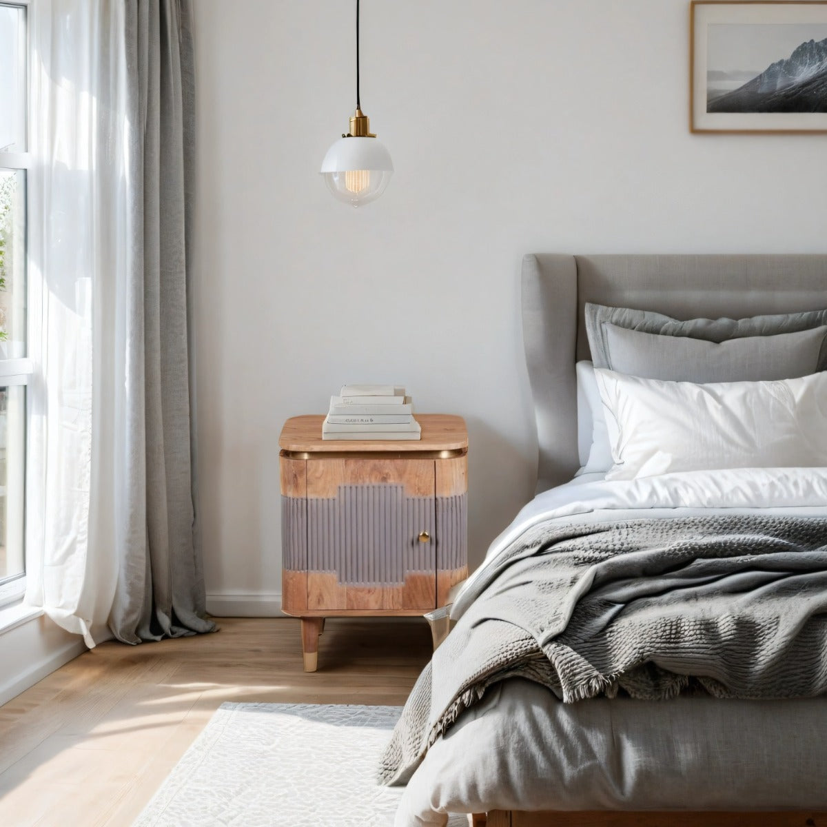 Wilton Acacia Wood Bedside Table with natural grain finish in a stylish bedroom setting