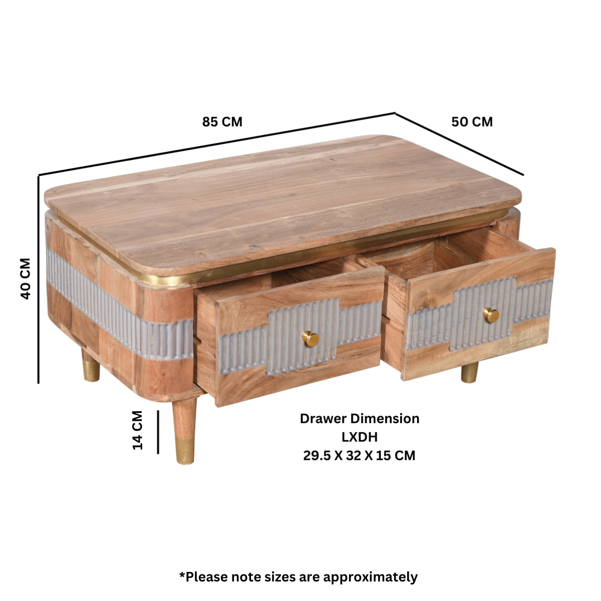 Wilton Acacia Wood Coffee Table with two drawers in a modern living room