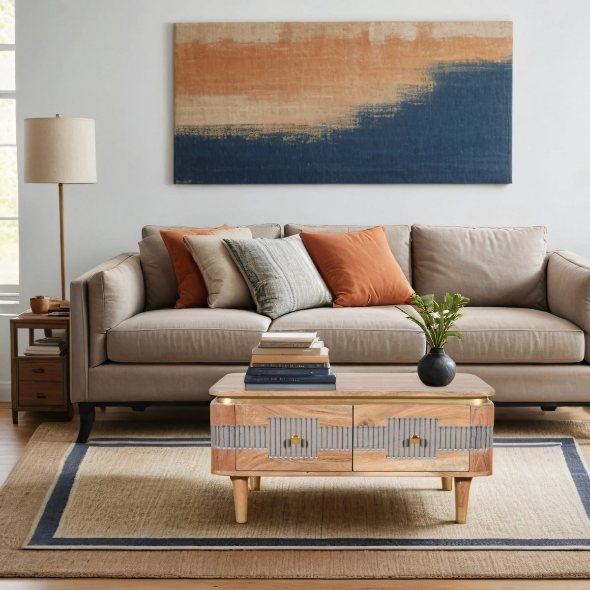 Wilton Acacia Wood Coffee Table with two drawers in a modern living room