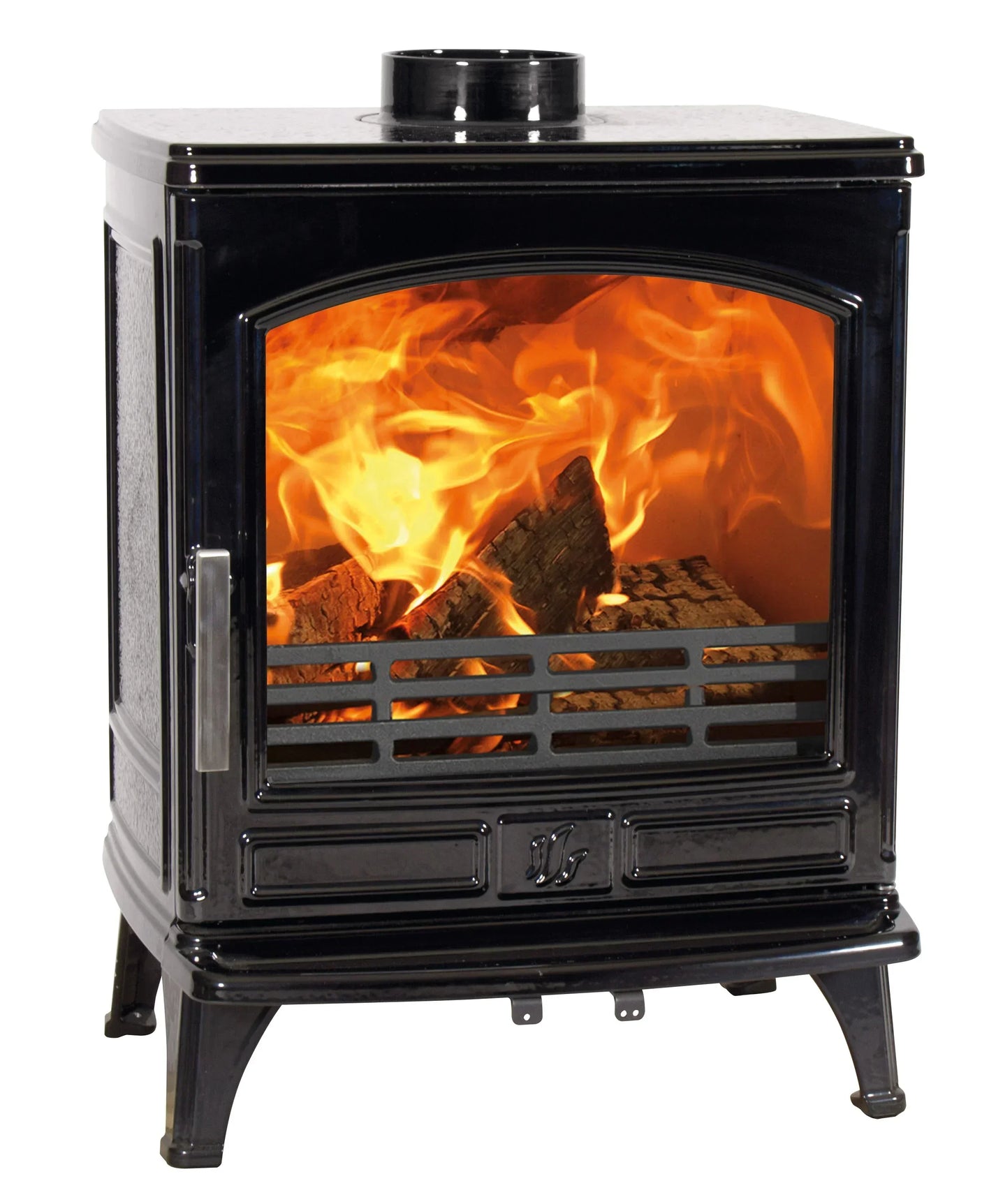 Black cast iron wood burning stove with visible flames and logs inside
