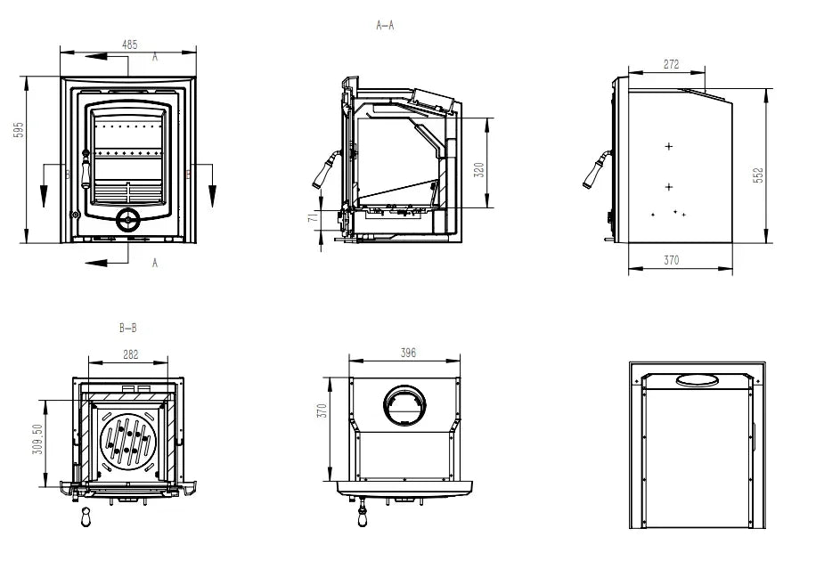 Multiview technical drawing of inset stove with detailed dimensions and sections shown