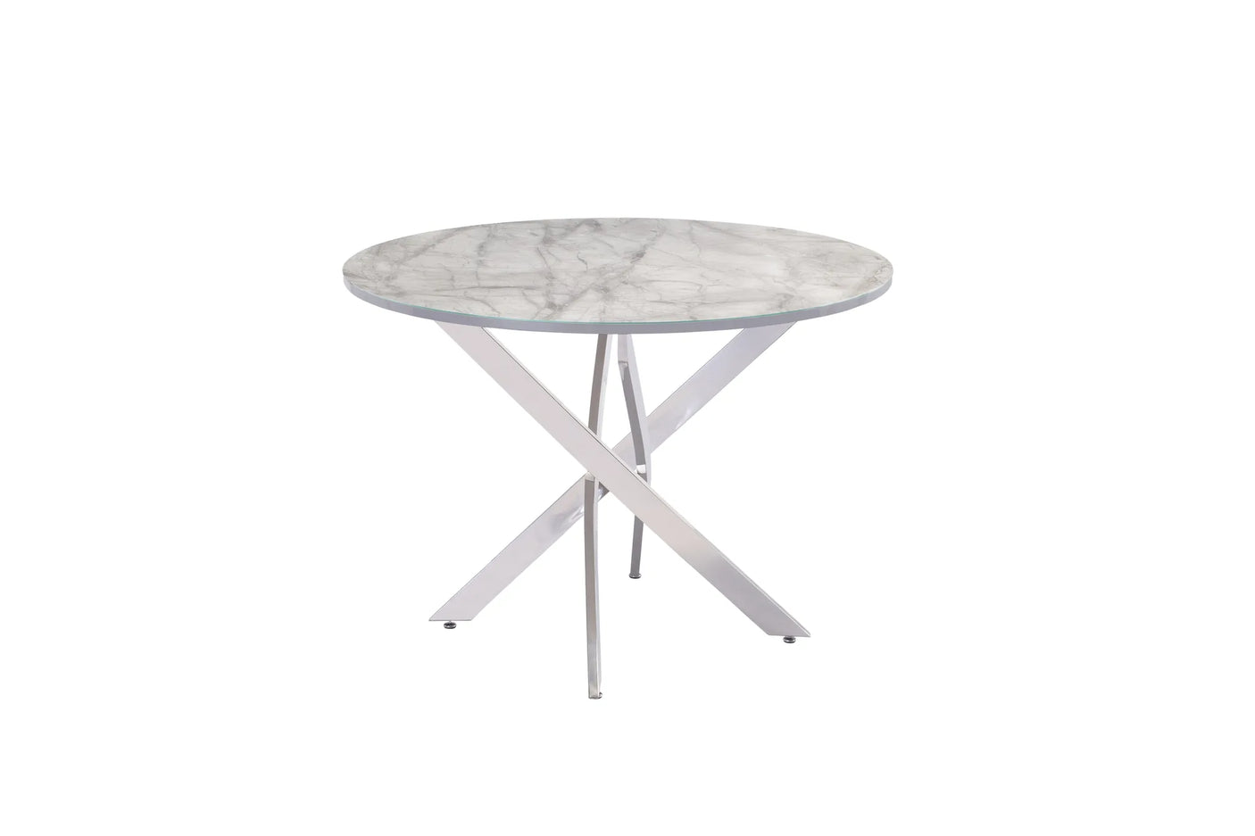 A round dining table with a white and gray marble-patterned top and a silver-finished metal X-shaped pedestal base, shown against a plain white background.