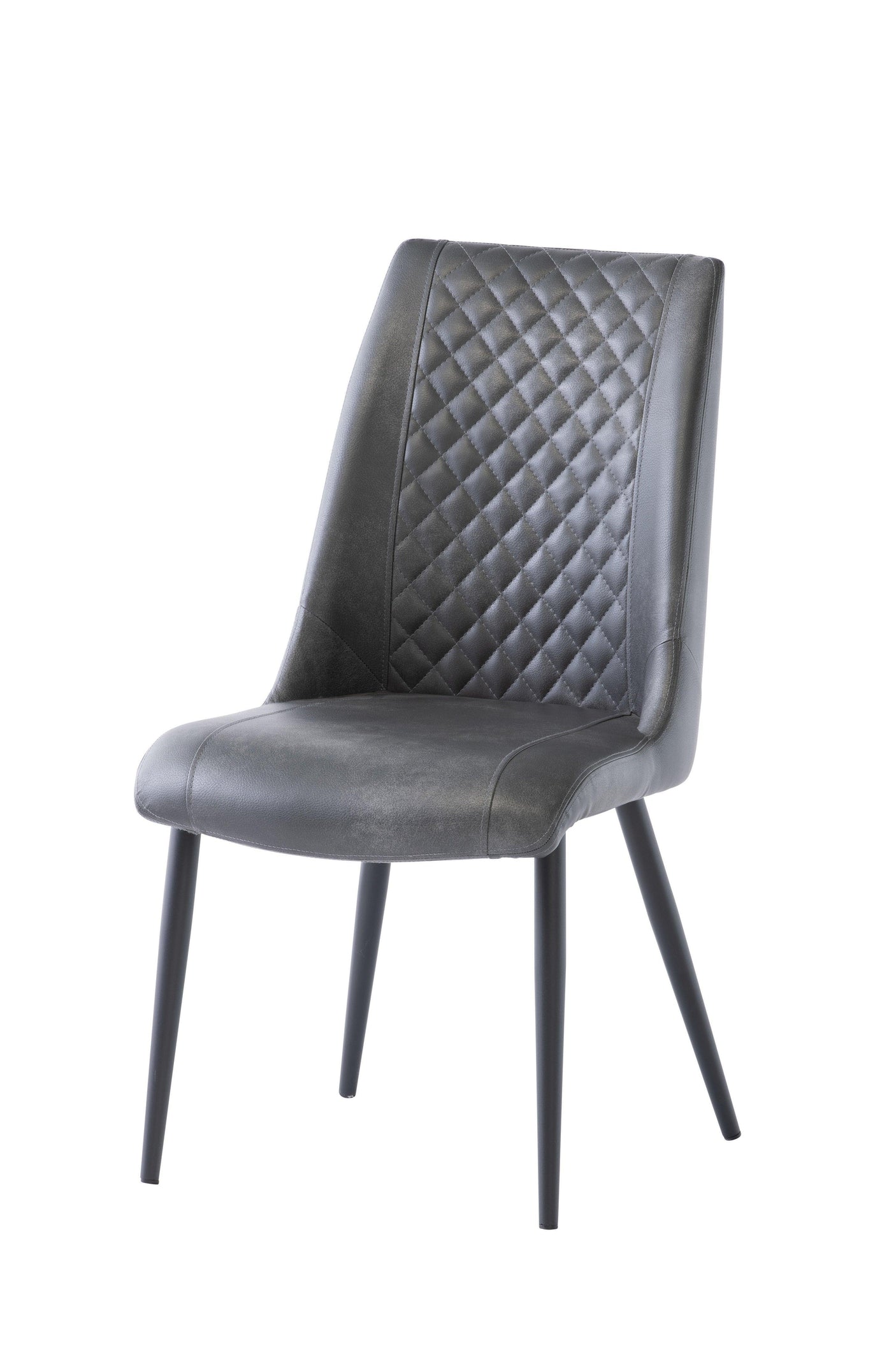 Grey faux leather dining chair with diamond stitched backrest and black metal legs