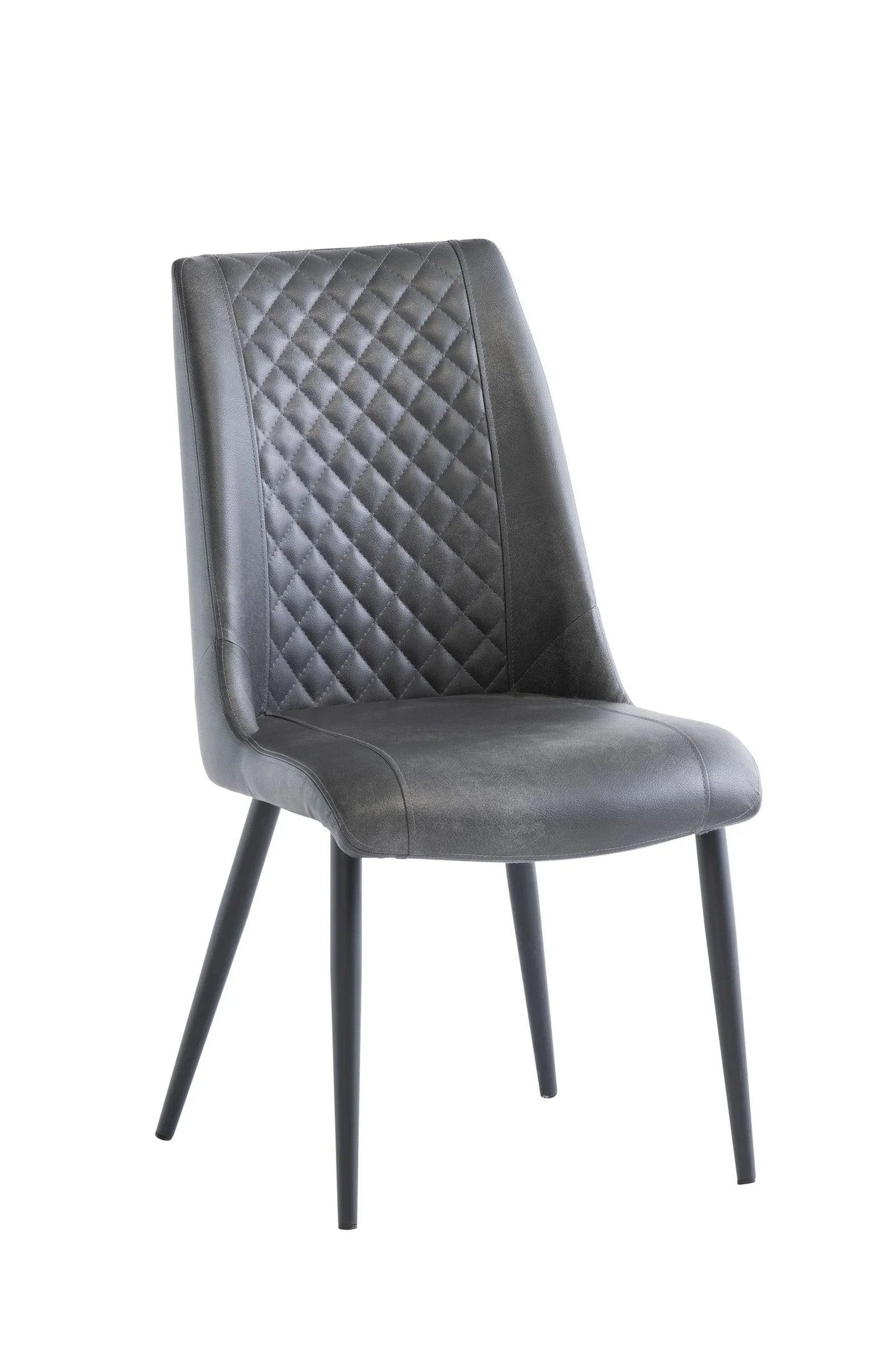 Grey upholstered dining chair with diamond stitching and black metal legs