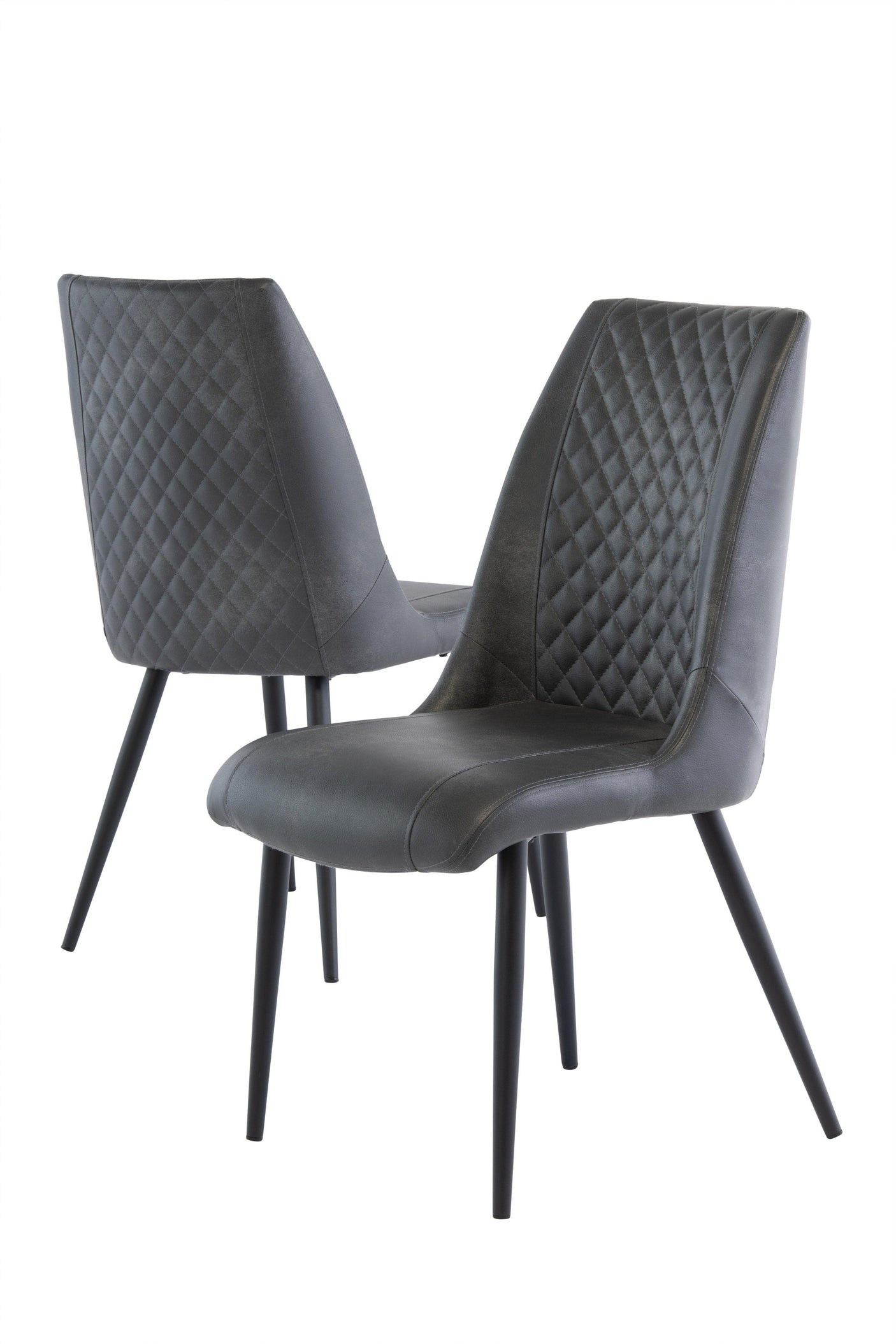 Grey dining chairs with quilted backs and black metal legs, angled front and rear view