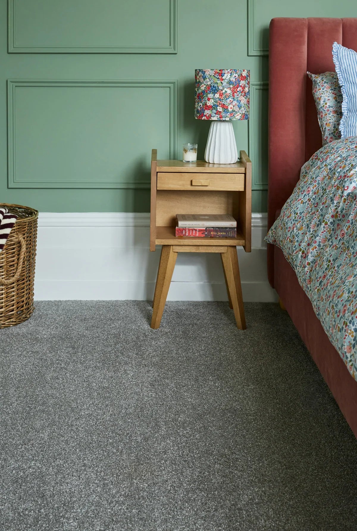 Apollo Elite Coniston Slate grey carpet in modern bedroom with wooden bedside table