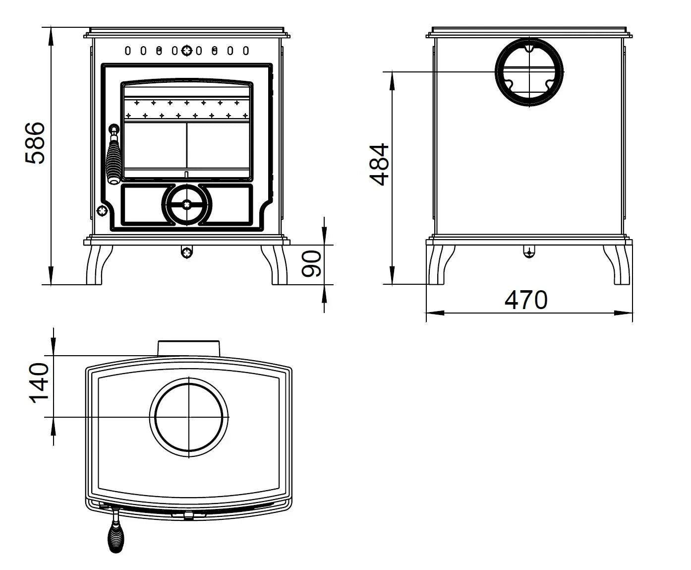 Black wood burning stove with glass door, side vent and curved legs, shown with dimensions