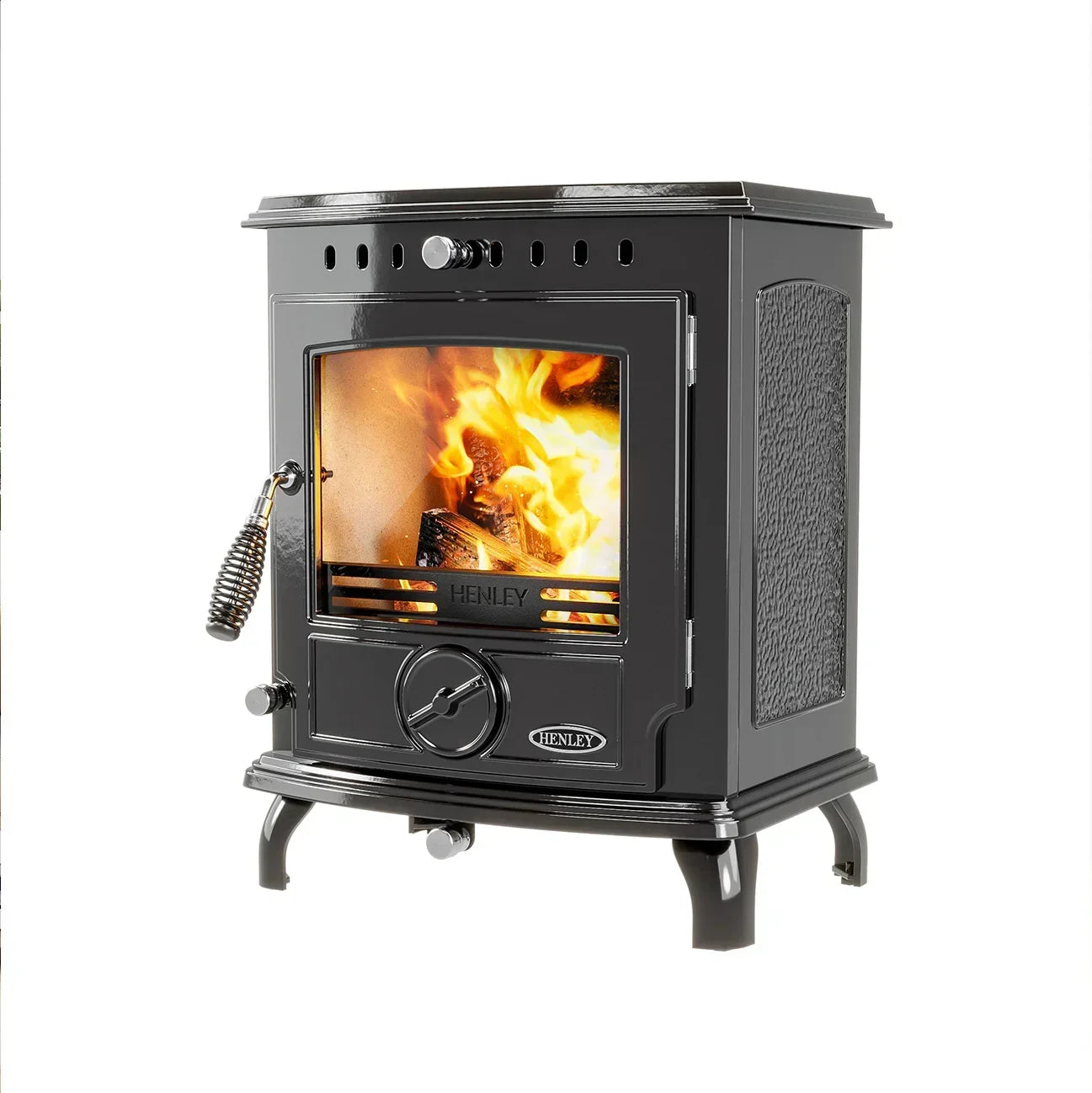 Black wood burning stove with glass door showing firewood flames and chrome handle