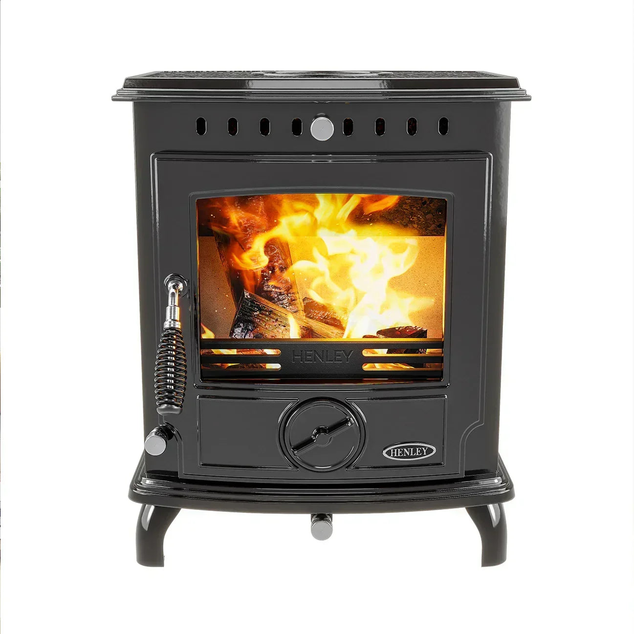 Black wood burning stove with glass door showing lit fire and metal handle