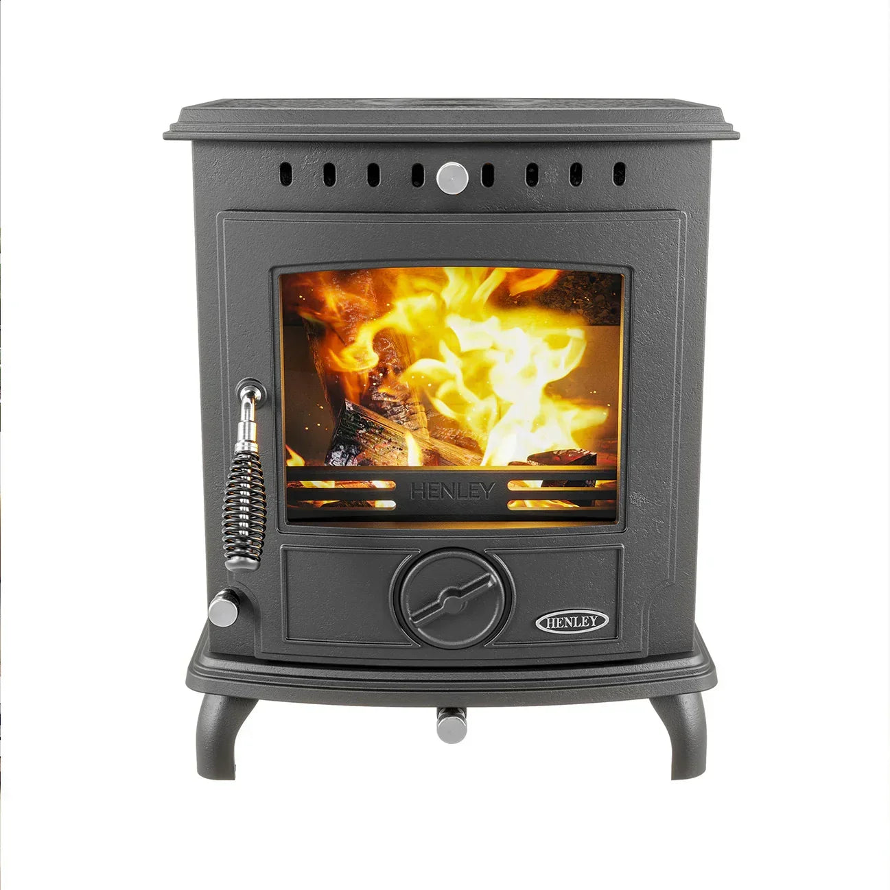 black cast iron wood burning stove with visible flames and front glass door