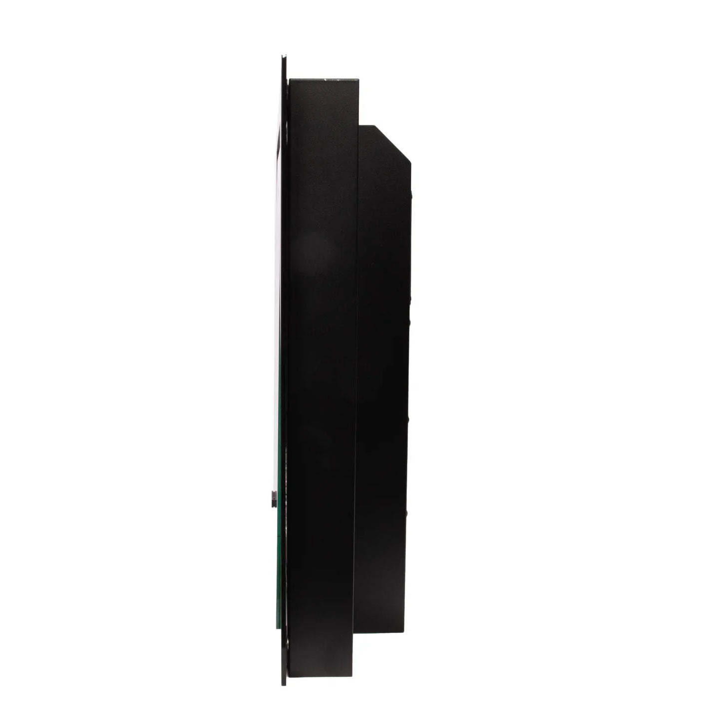 Side profile of black wall-mounted electric fire with slim frame