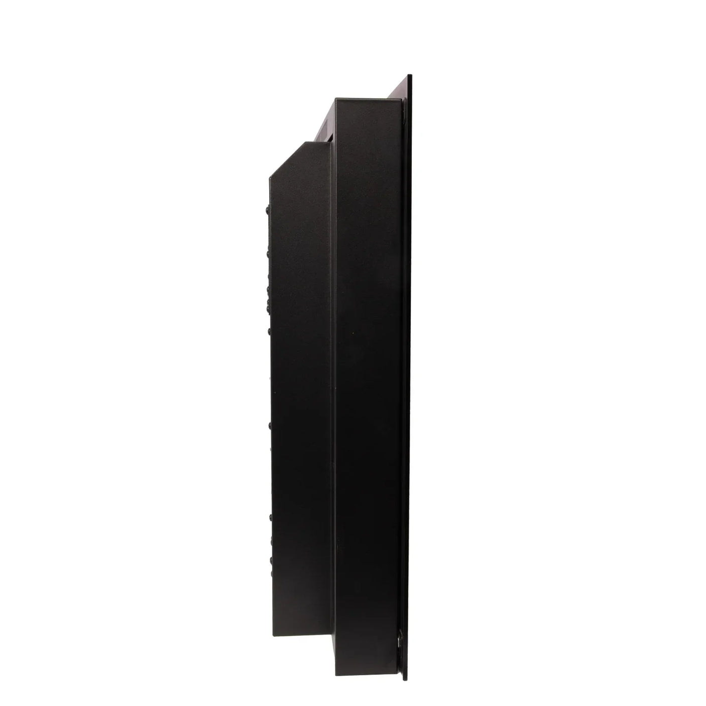 Black electric fireplace side profile showing slim modern frame and depth