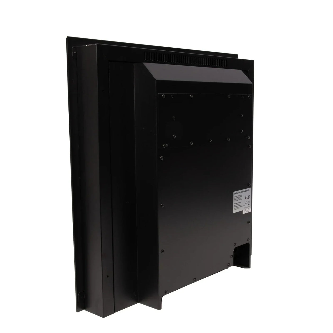 Black electric fireplace inset unit rear view with vent and mounting panel