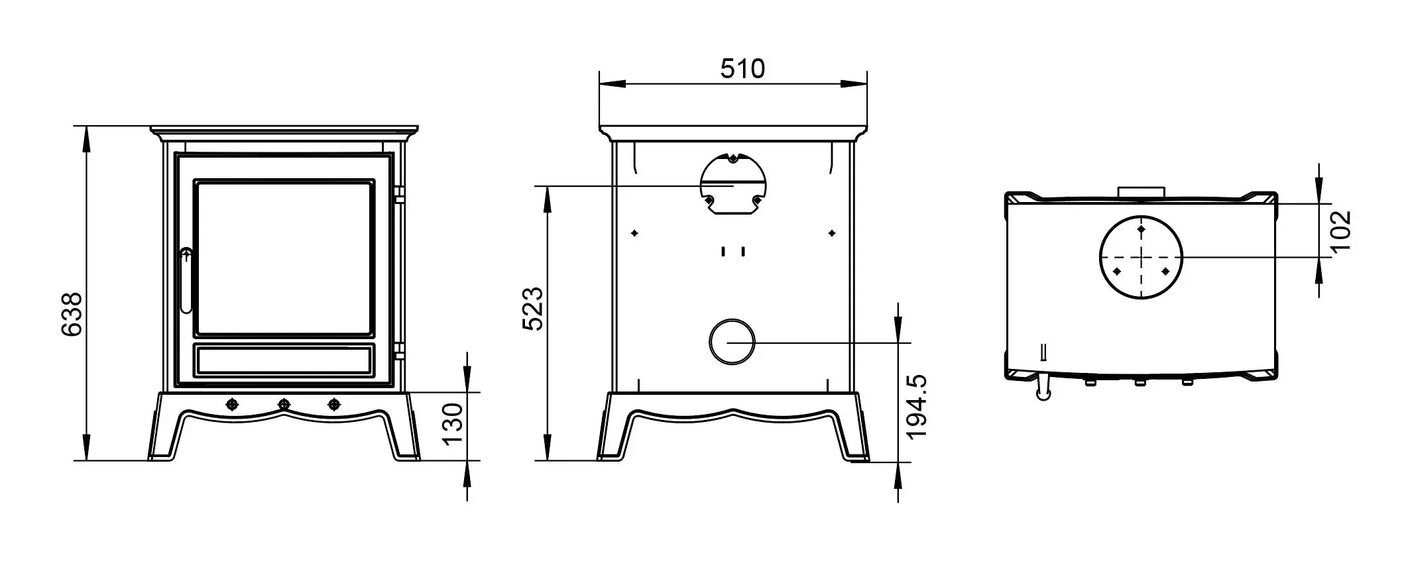 Wood burner stove technical drawing with front, side and top dimensions labeled