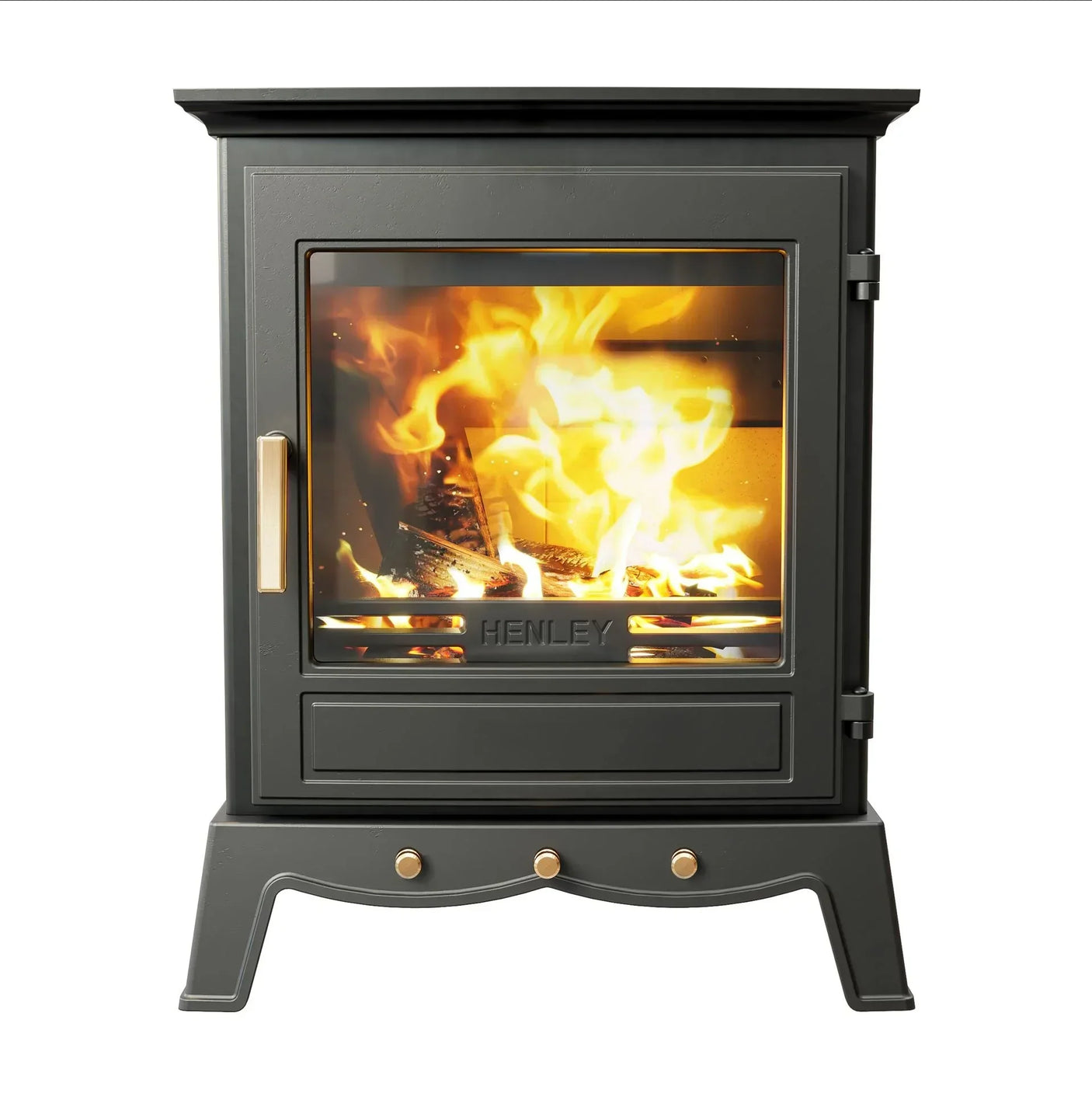 Black wood burning stove with glass door showing active fire and brass handle