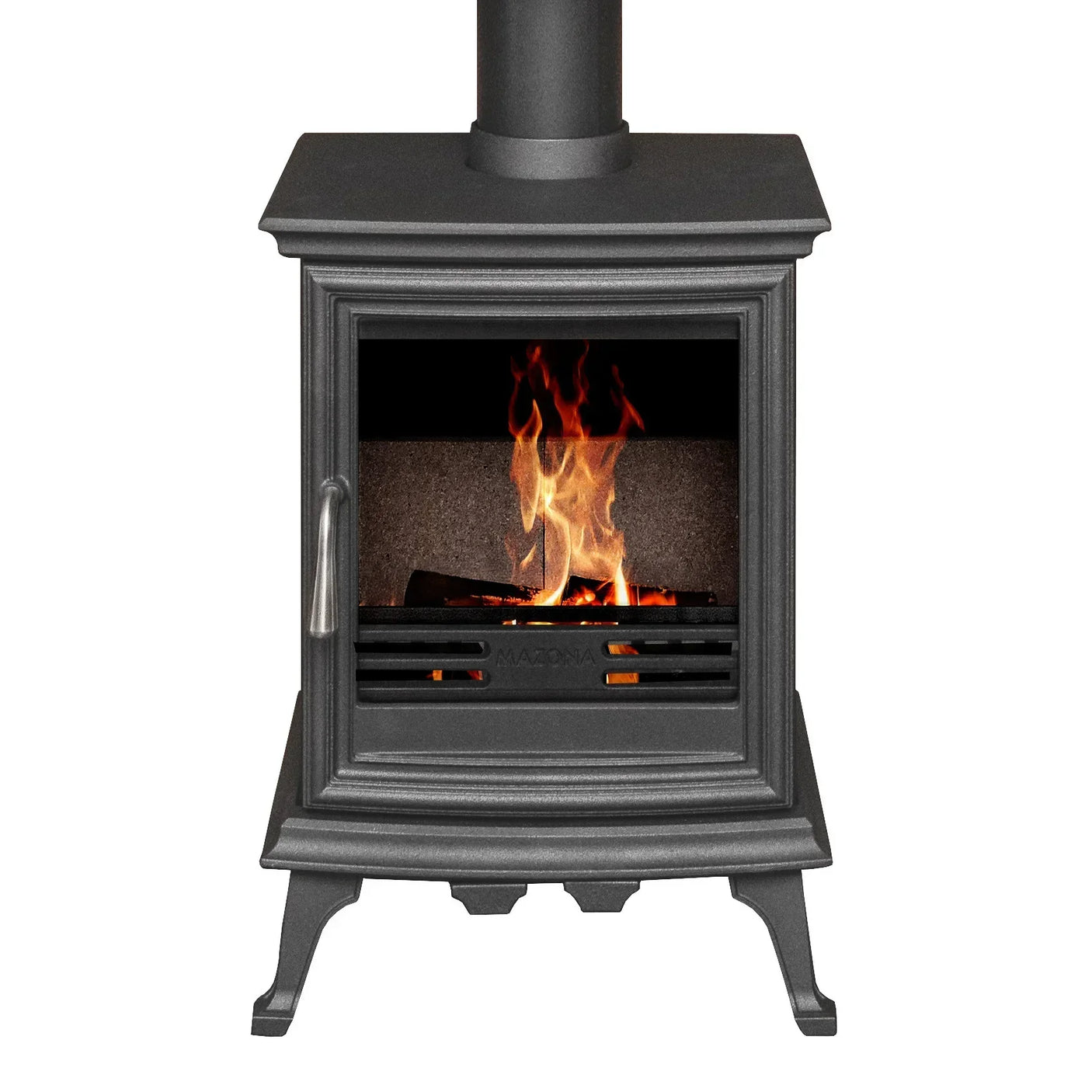 Grey cast iron wood burning stove with glass front and visible fire inside, head-on view