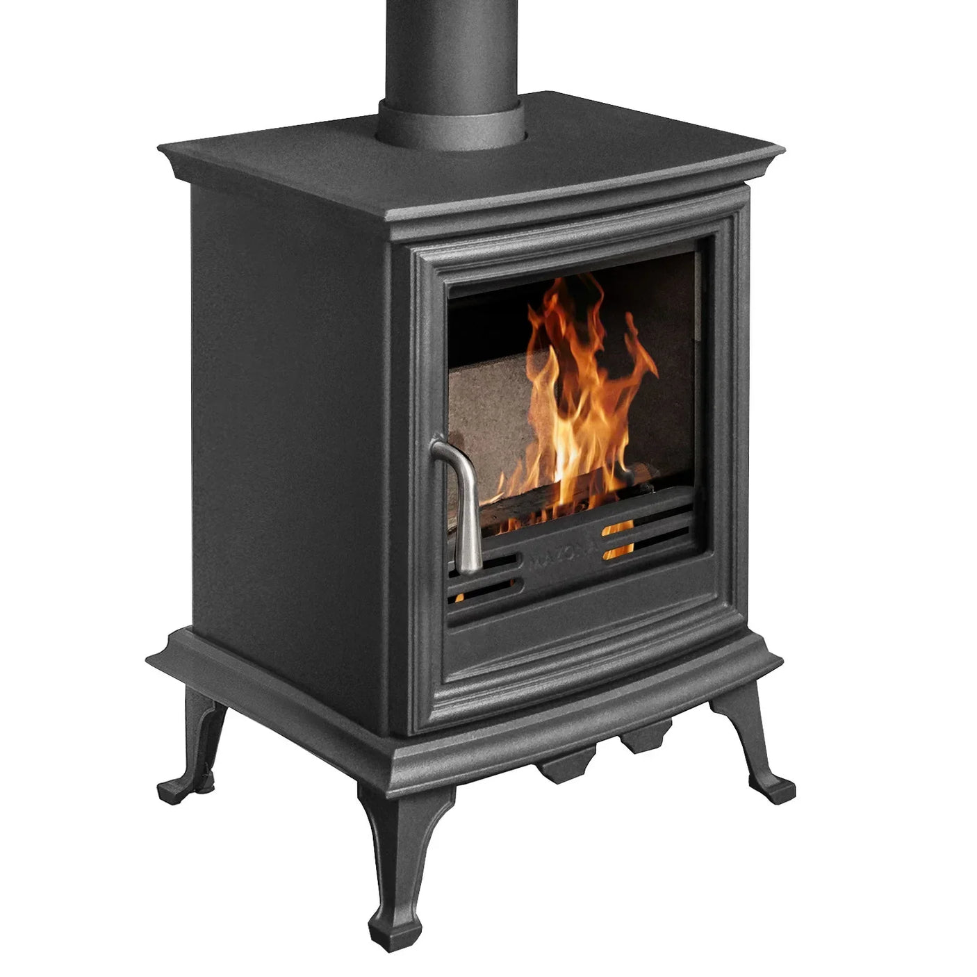 Grey wood burning stove with glass door and visible flames, viewed from side angle