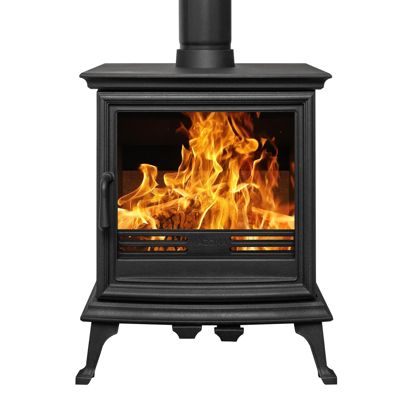 Black cast iron wood burning stove with flames visible through glass door