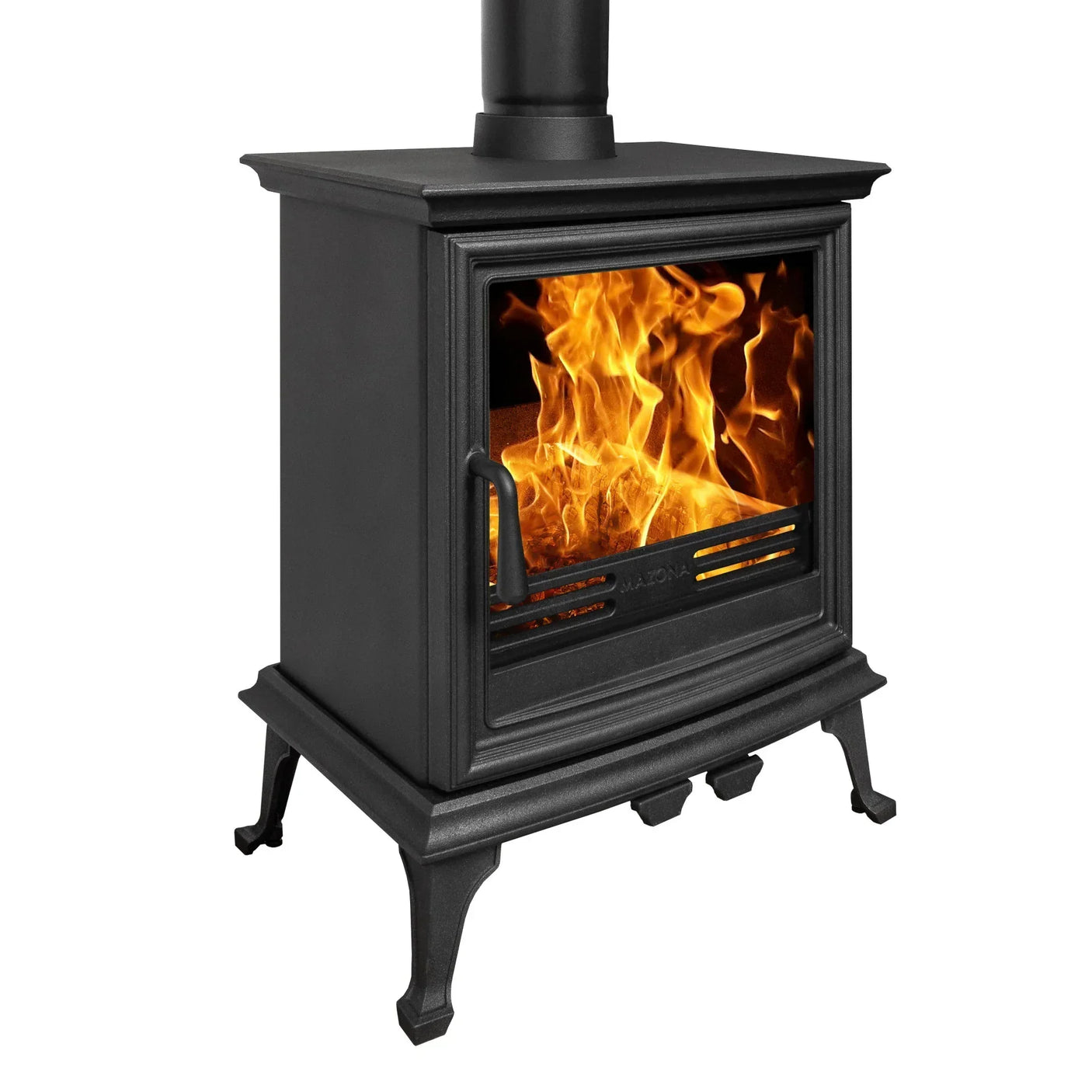 Black cast iron wood burning stove with visible flames, shown from an angled side view