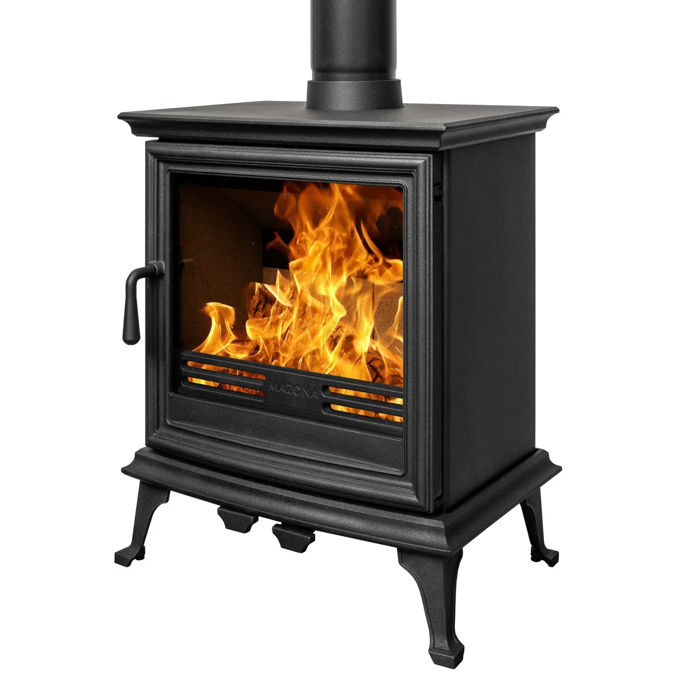 Black cast iron wood burning stove with glass door showing flames, angled side view