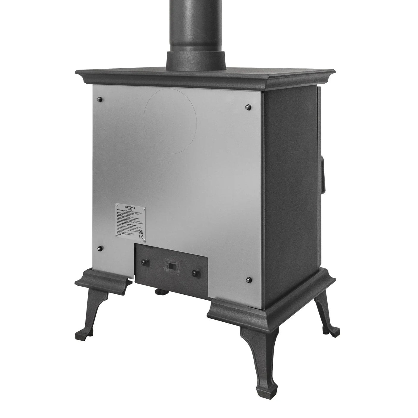 ashford stove back view showing grey metal panel and cast iron legs