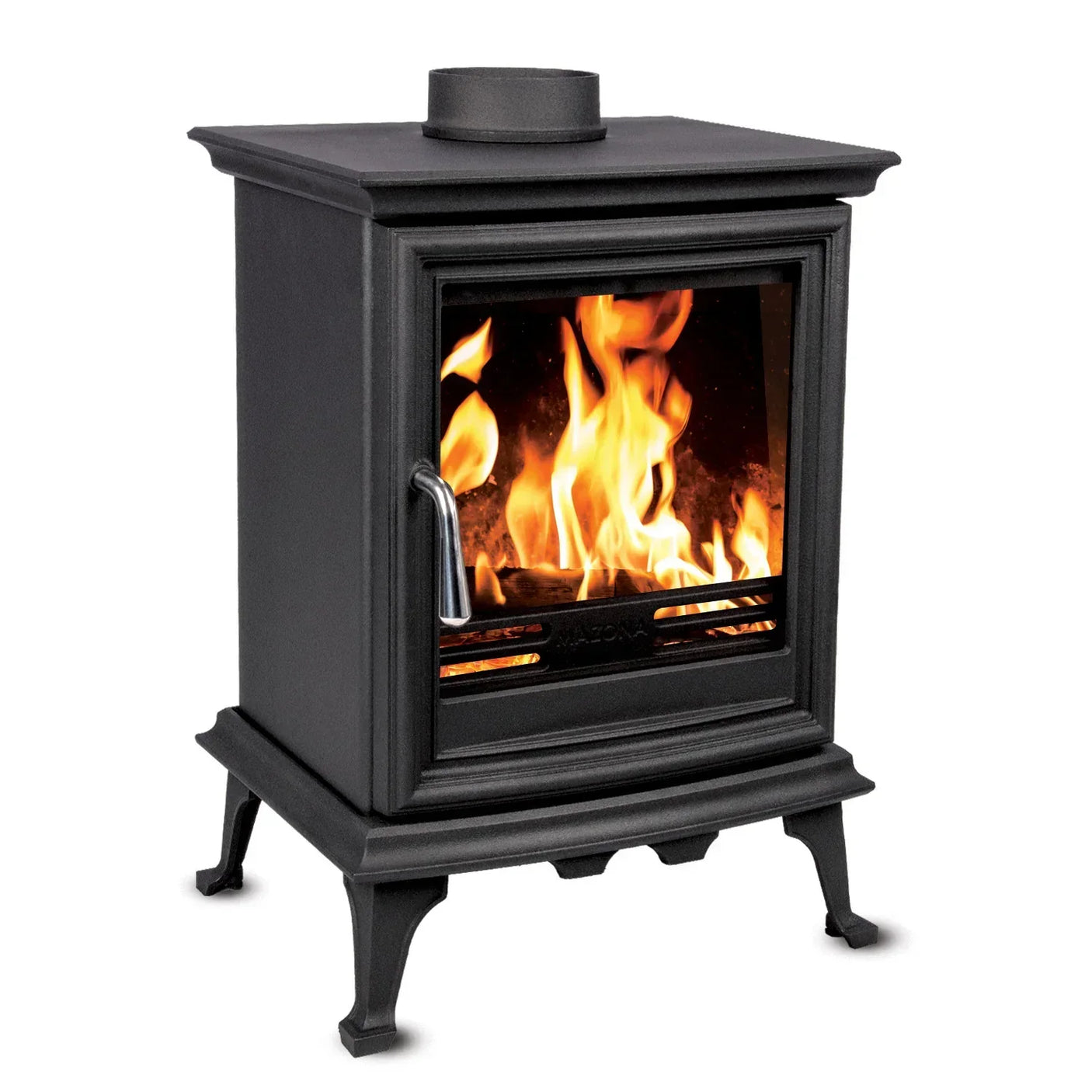Black freestanding wood burning stove with glass door and visible flames, angled view