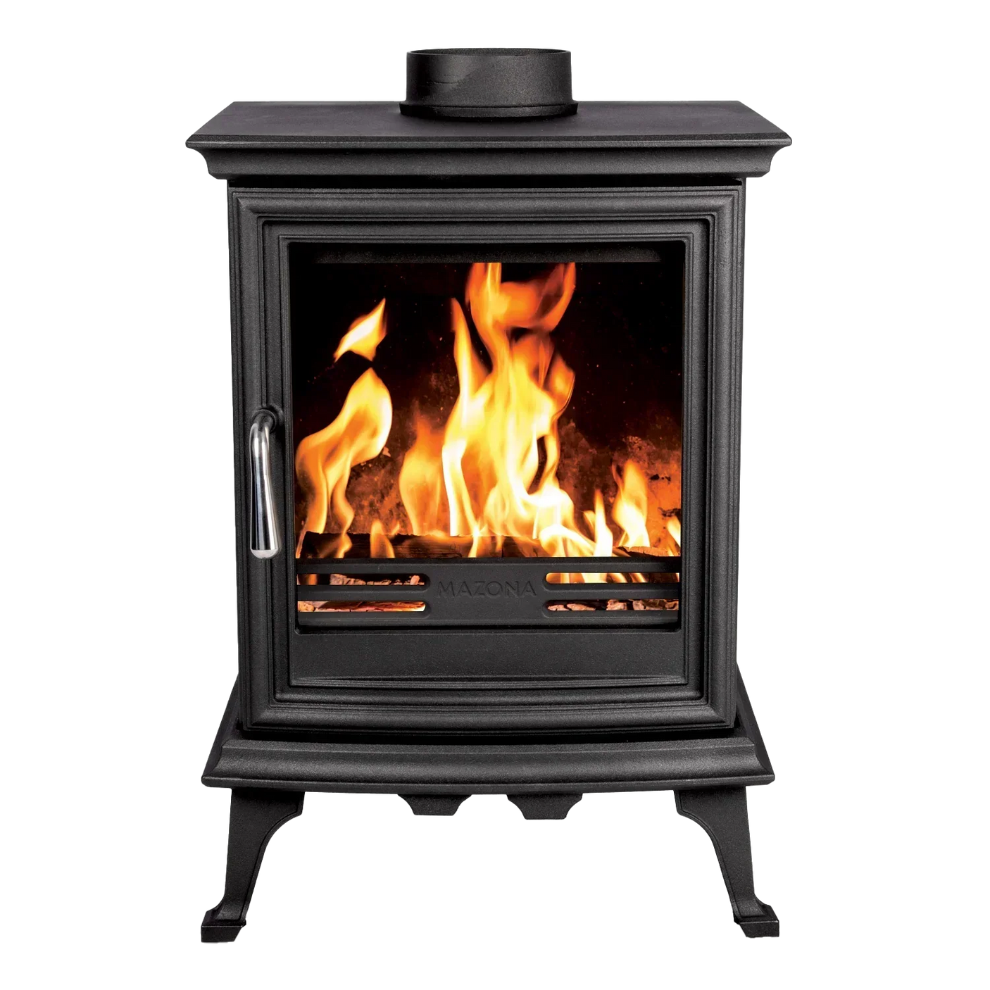 Black cast iron wood burning stove with visible flames behind glass front panel