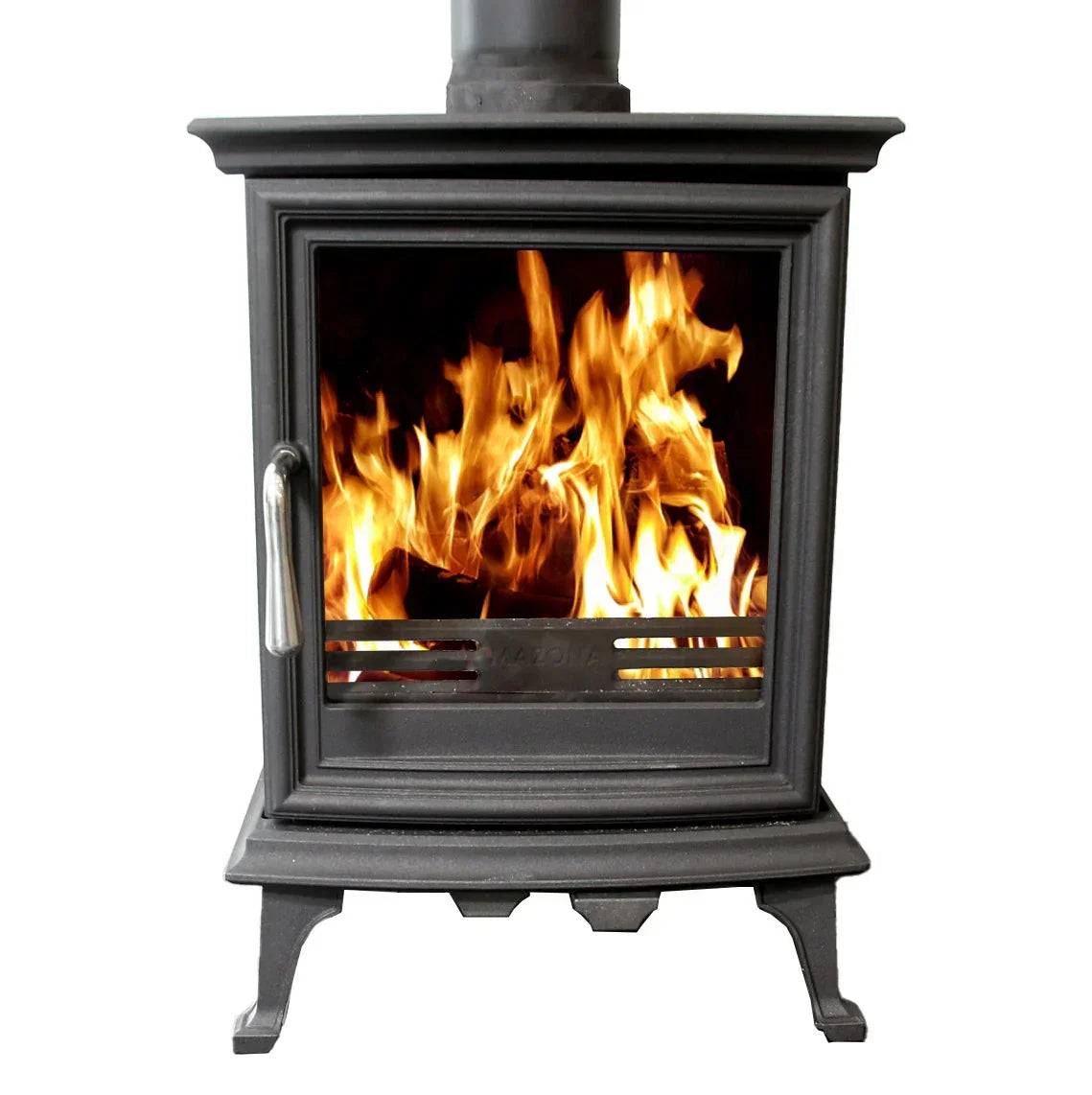 Black cast iron wood burning stove with flames visible through glass front panel