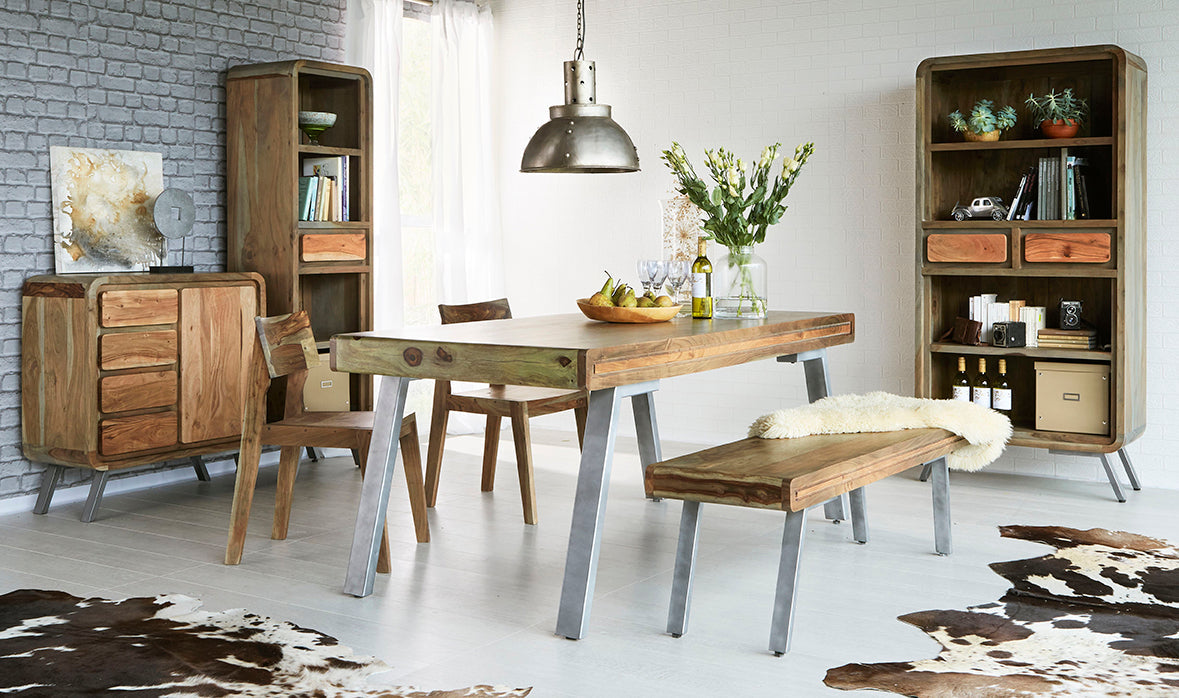 Austin Solid Wood Dining Bench in honey-toned finish with fluted pedestals