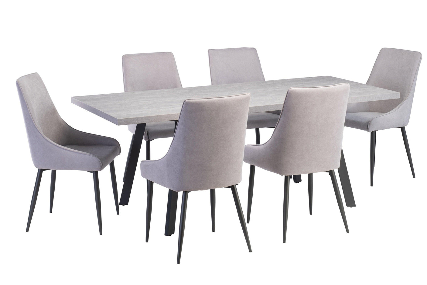Rectangular grey dining table with six matching grey fabric chairs and black metal legs